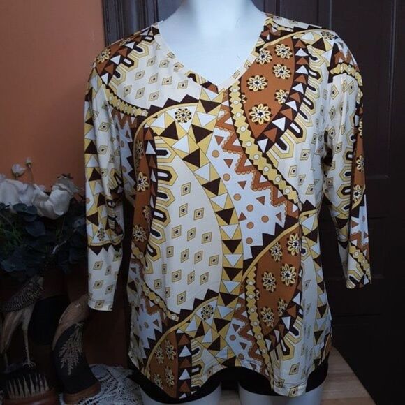 Linea By Louis Dell’Olio Yellow Brown Black Motif V-neck Blouse 2X - Picture 1 of 11